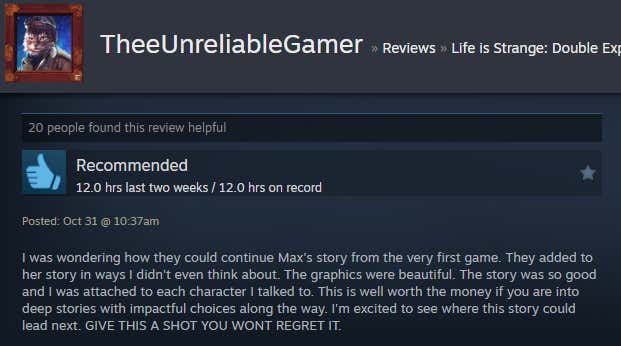 Screenshot showing a Steam review for Life is Strange: Double Exposure.